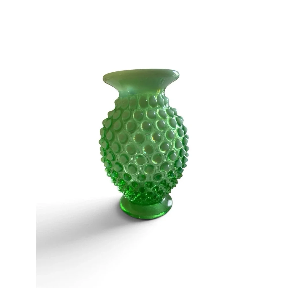Vintage Fenton Art Glass Green Opalescent Hobnail Glass Uranium Vase #14